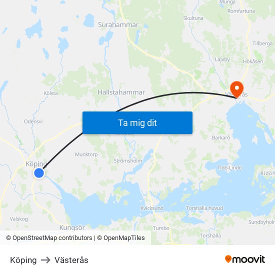 Köping to Västerås map