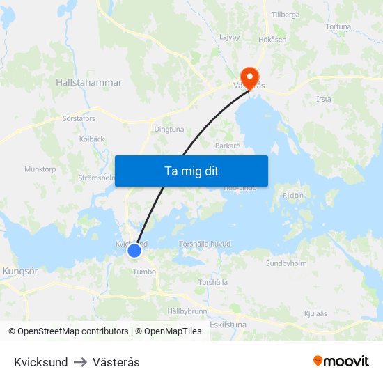 Kvicksund to Västerås map