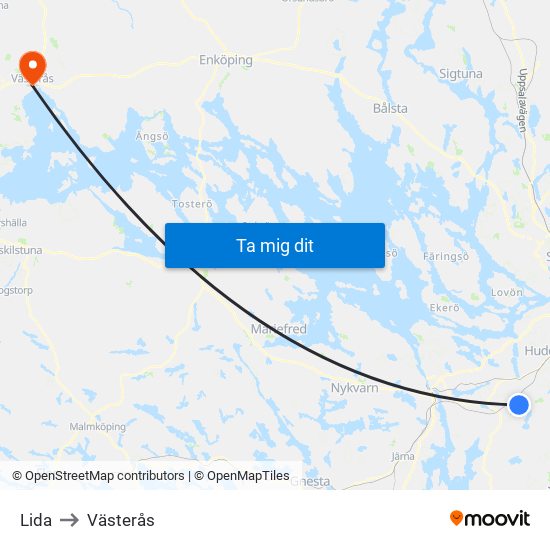 Lida to Västerås map