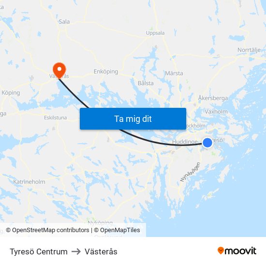 Tyresö Centrum to Västerås map