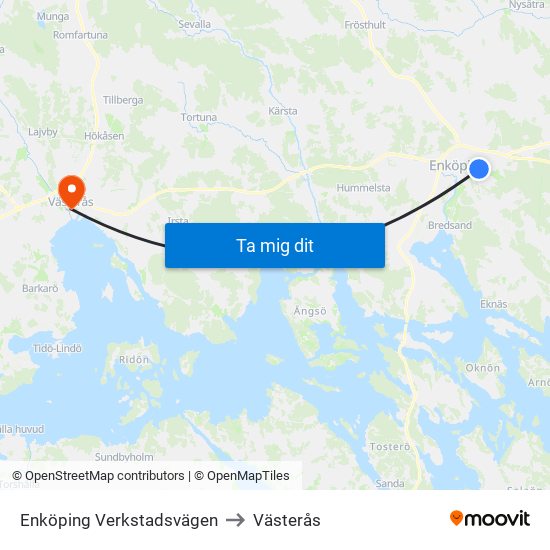 Enköping Verkstadsvägen to Västerås map