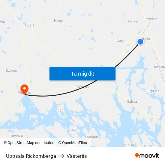 Uppsala Rickomberga to Västerås map