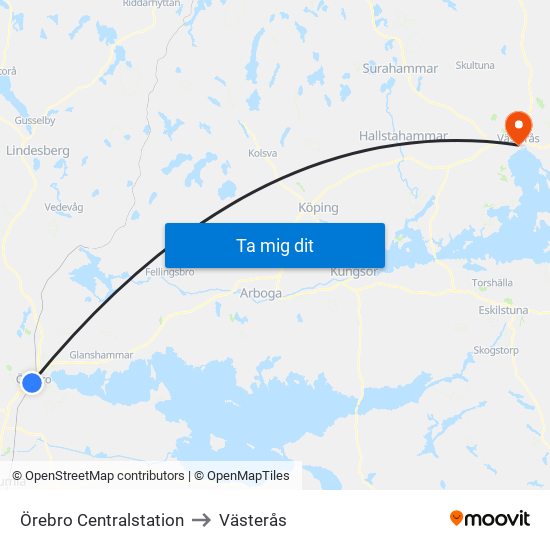 Örebro Centralstation to Västerås map