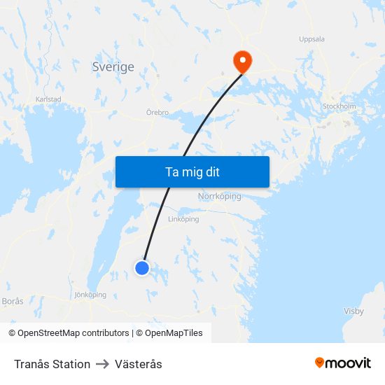 Tranås Station to Västerås map