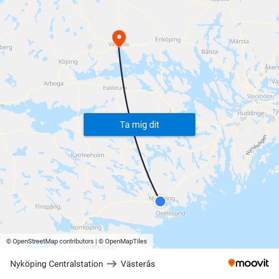 Nyköping Centralstation to Västerås map