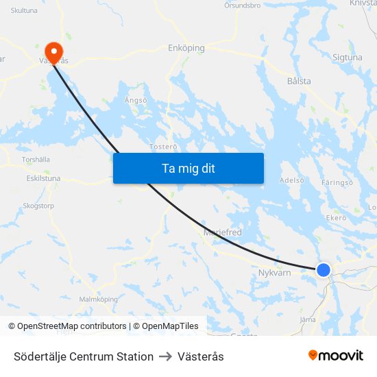 Södertälje Centrum Station to Västerås map