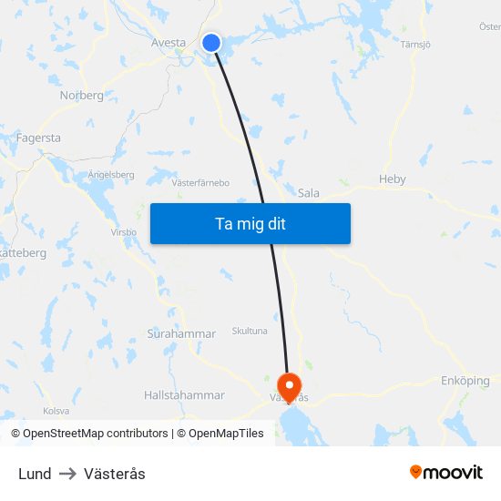 Lund to Västerås map