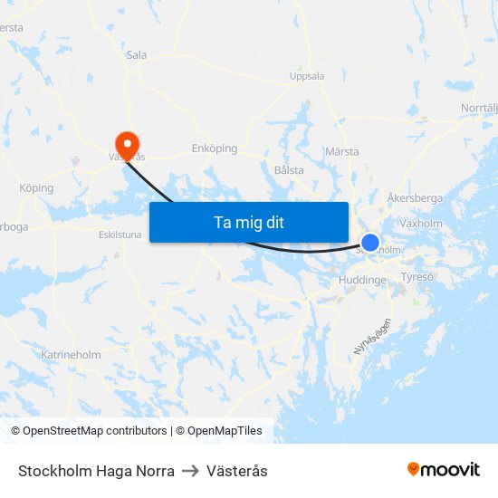 Stockholm Haga Norra to Västerås map