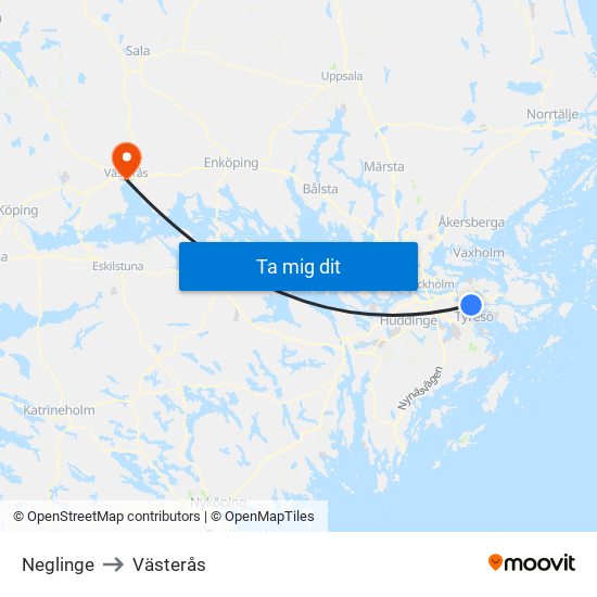 Neglinge to Västerås map