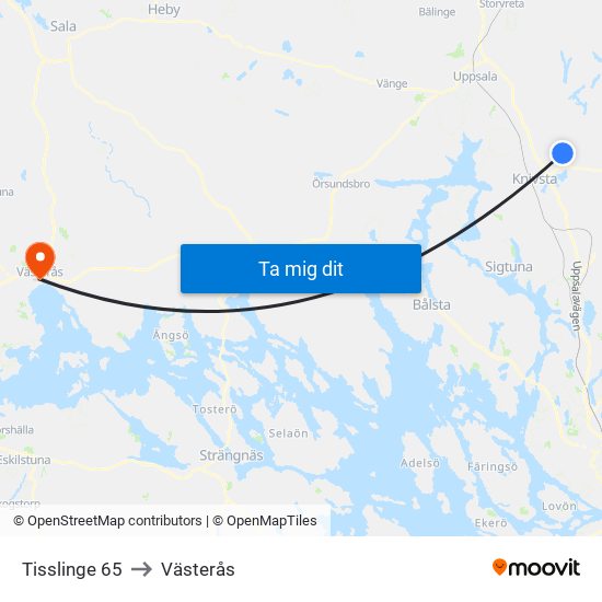 Tisslinge 65 to Västerås map