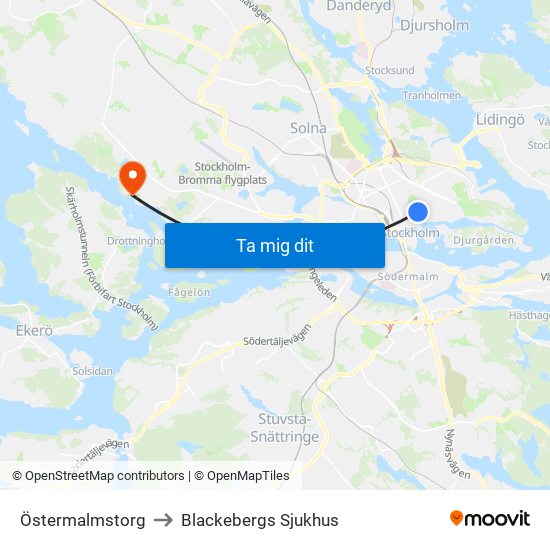 Östermalmstorg to Blackebergs Sjukhus map