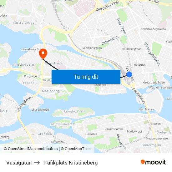 Vasagatan to Trafikplats Kristineberg map