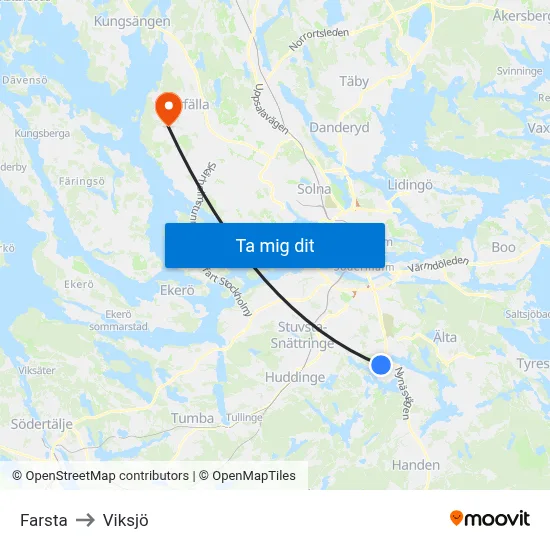 Farsta to Viksjö map