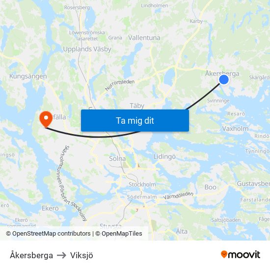 Åkersberga to Viksjö map