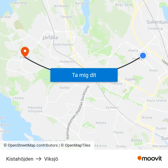 Kistahöjden to Viksjö map