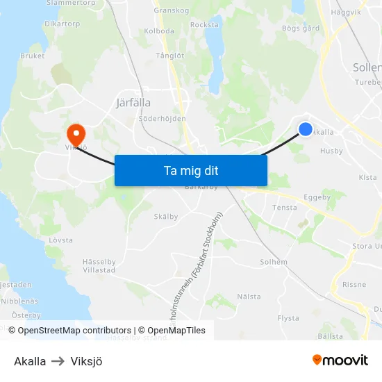 Akalla to Viksjö map