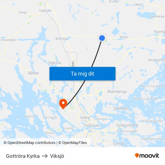 Gottröra Kyrka to Viksjö map