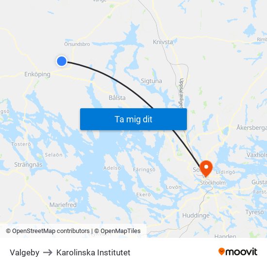 Valgeby to Karolinska Institutet map