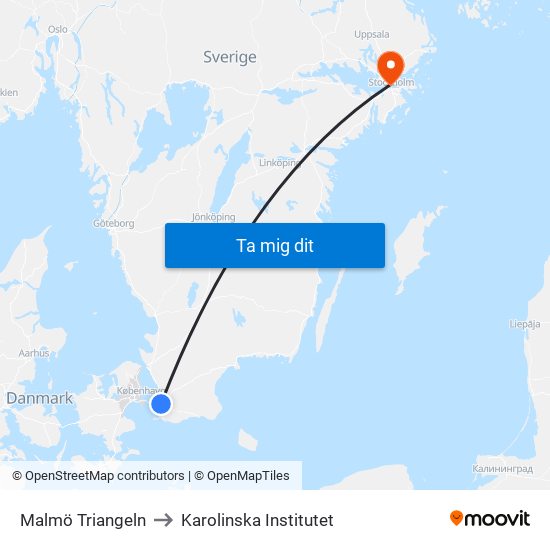 Malmö Triangeln to Karolinska Institutet map