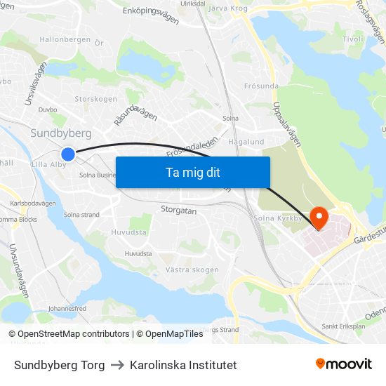 Sundbyberg Torg to Karolinska Institutet map