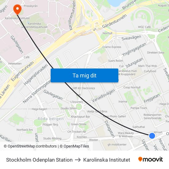 Stockholm Odenplan Station to Karolinska Institutet map