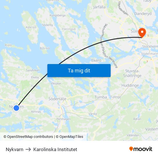 Nykvarn to Karolinska Institutet map