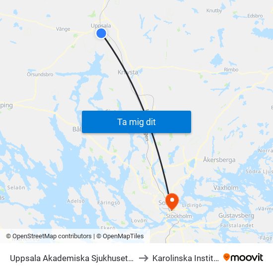 Uppsala Akademiska Sjukhuset Södra to Karolinska Institutet map