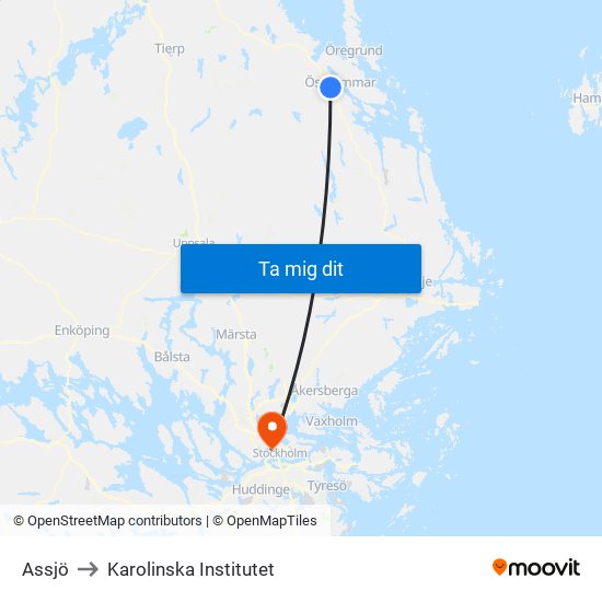 Assjö to Karolinska Institutet map