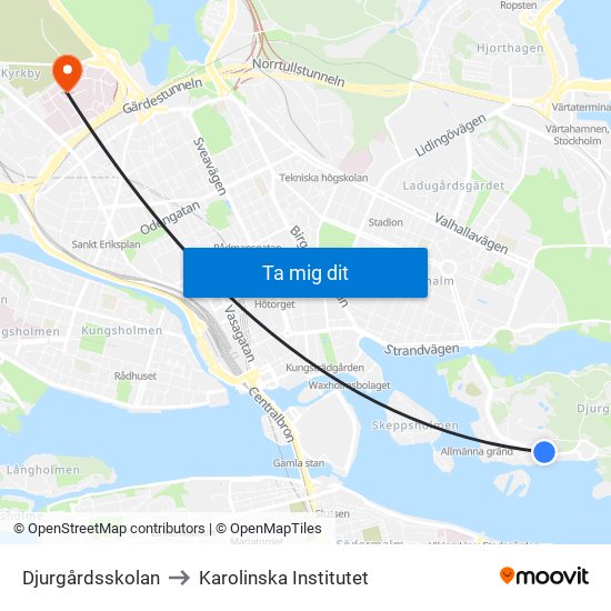 Djurgårdsskolan to Karolinska Institutet map