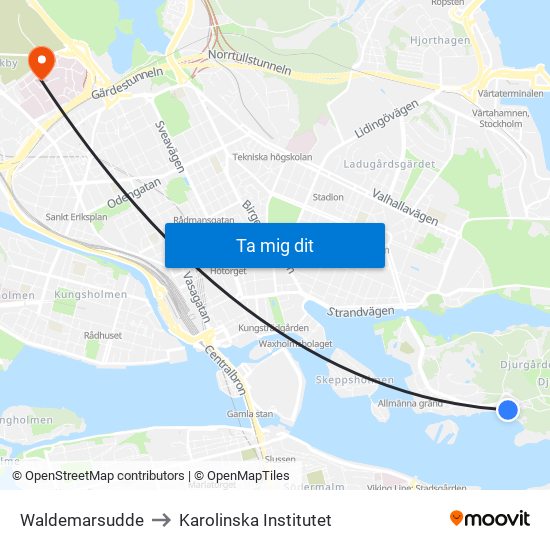 Waldemarsudde to Karolinska Institutet map