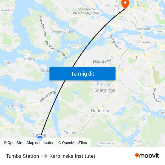Tumba Station to Karolinska Institutet map