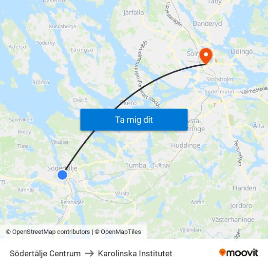 Södertälje Centrum to Karolinska Institutet map