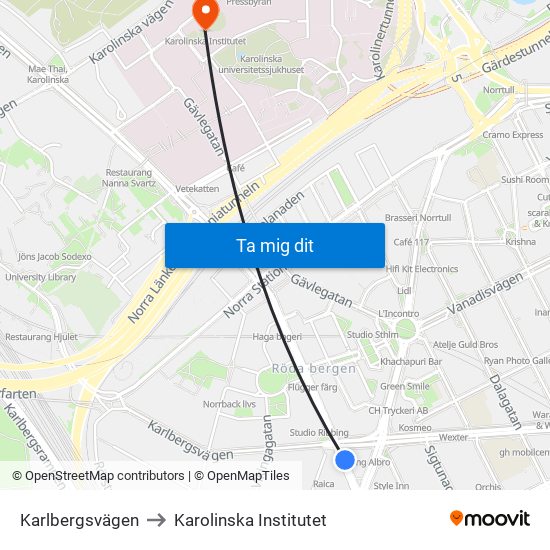 Karlbergsvägen to Karolinska Institutet map