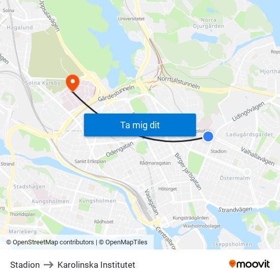 Stadion to Karolinska Institutet map