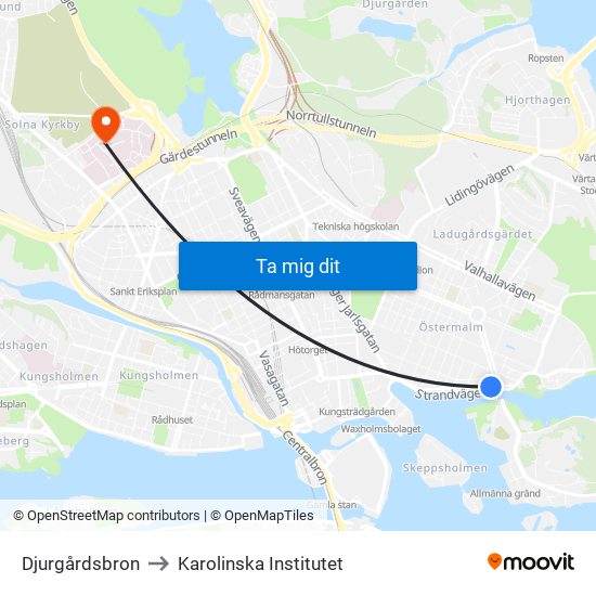 Djurgårdsbron to Karolinska Institutet map