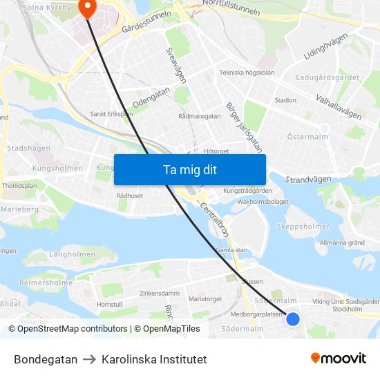 Bondegatan to Karolinska Institutet map