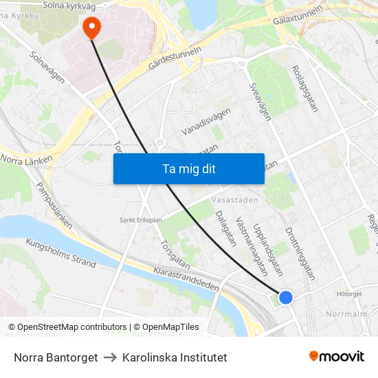 Norra Bantorget to Karolinska Institutet map