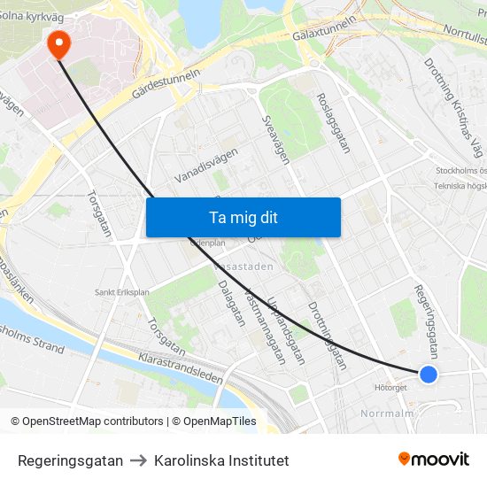 Regeringsgatan to Karolinska Institutet map