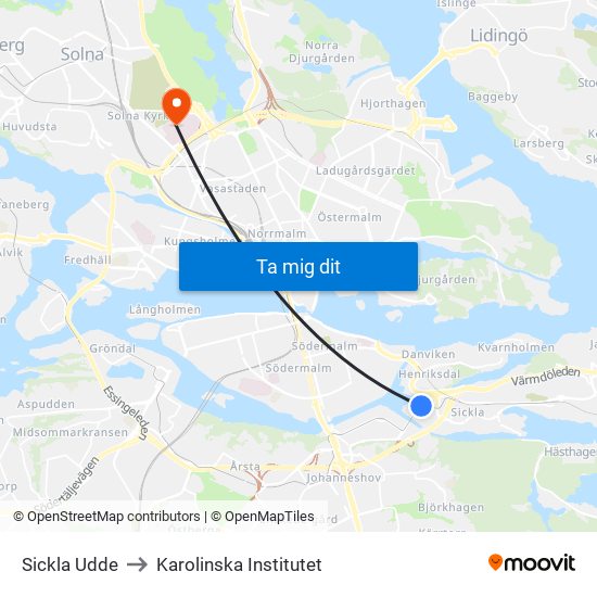 Sickla Udde to Karolinska Institutet map