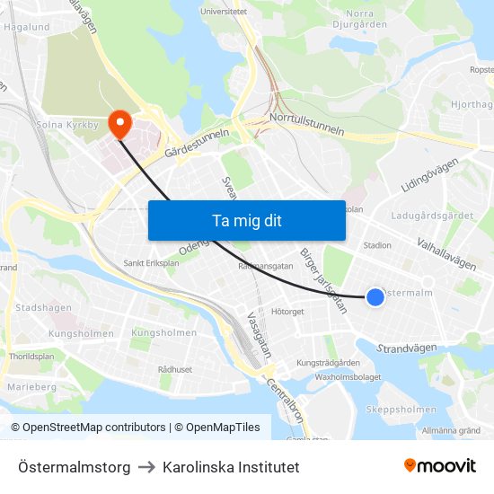 Östermalmstorg to Karolinska Institutet map