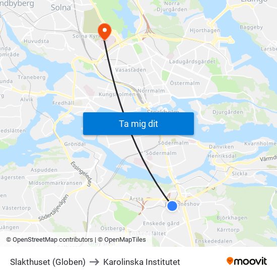 Slakthuset (Globen) to Karolinska Institutet map