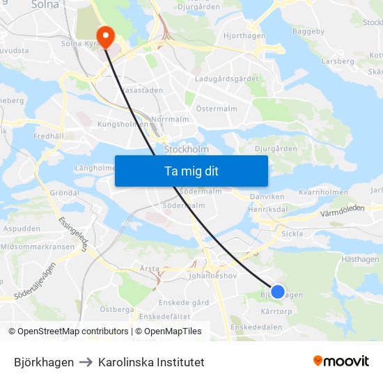 Björkhagen to Karolinska Institutet map