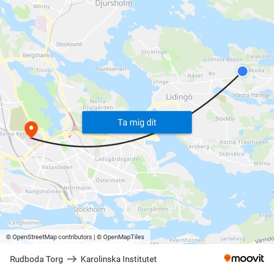 Rudboda Torg to Karolinska Institutet map