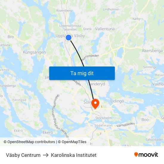 Väsby Centrum to Karolinska Institutet map