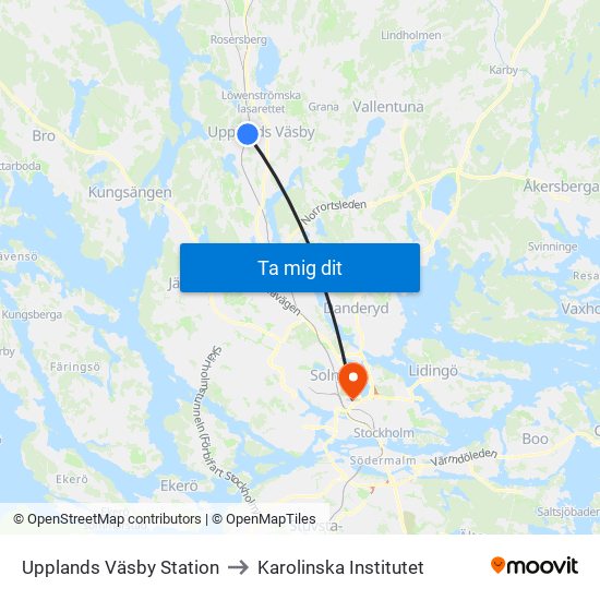 Upplands Väsby Station to Karolinska Institutet map