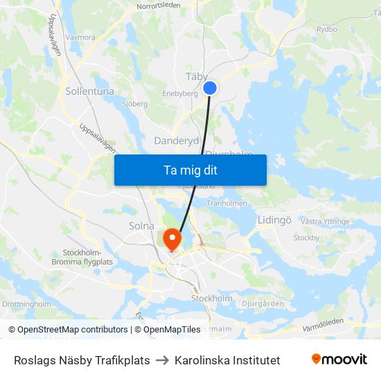 Roslags Näsby Trafikplats to Karolinska Institutet map