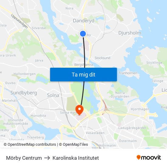 Mörby Centrum to Karolinska Institutet map