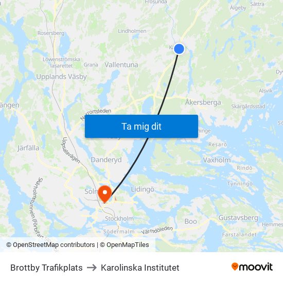 Brottby Trafikplats to Karolinska Institutet map