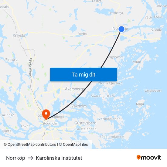 Norrköp to Karolinska Institutet map