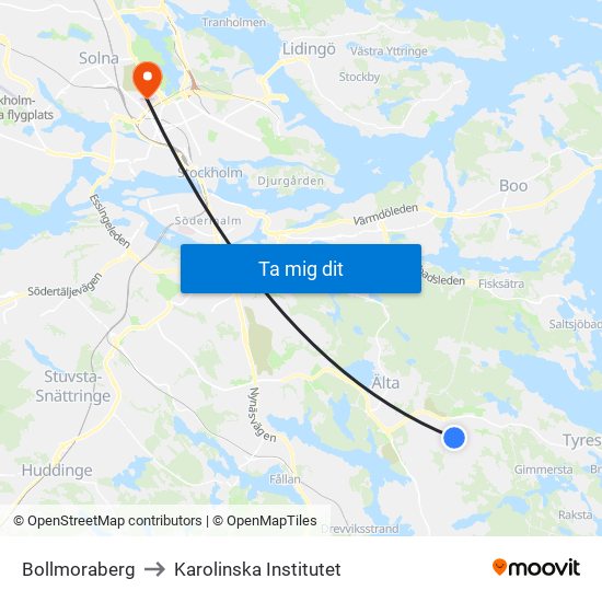 Bollmoraberg to Karolinska Institutet map